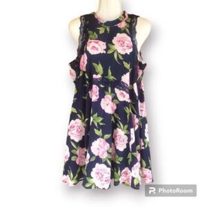 Entro Halter Neck Navy Blue Pink Flower Skater Fit Flare Dress Sz L